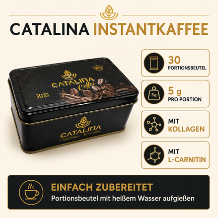 Catalina Instantkaffee – Infografik mit Produktinformationen und Zubereitung