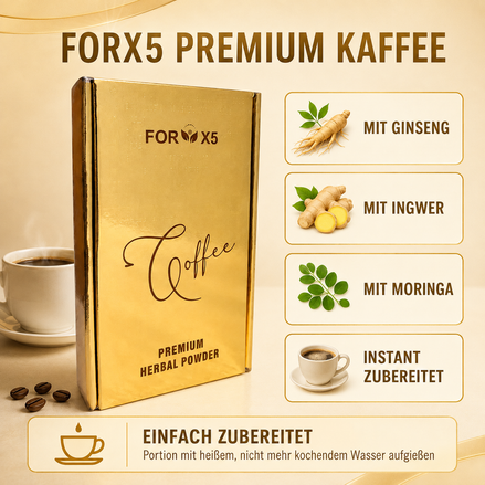 ForX5 Premium Kaffee – Infografik mit Produktinformationen und Zubereitung