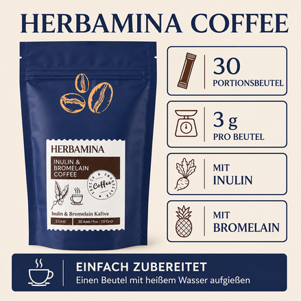 Herbamina Coffee – Infografik mit Produktinformationen und Zubereitung