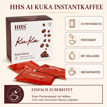 HHS A1 Kuka Instantkaffee – Infografik mit Produktinformationen und Zubereitung