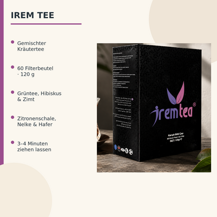 Irem Tee Infografik: 60 Filterbeutel, 120 g, ausgewählte Zutaten und 3–4 Minuten Ziehzeit