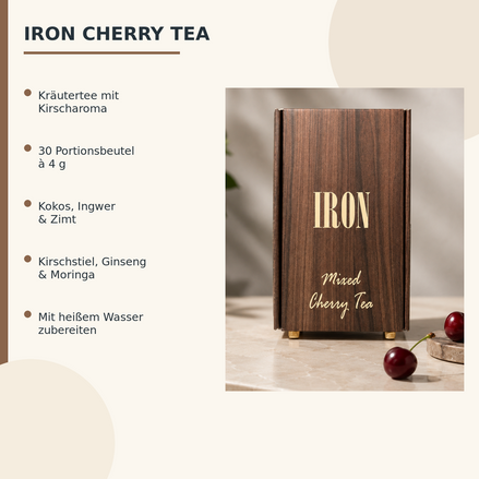 Iron Cherry Tea Infografik: 30 Portionsbeutel, ausgewählte Zutaten und Zubereitung