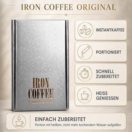 Iron Coffee Original – Infografik mit Produktinformationen und Zubereitung