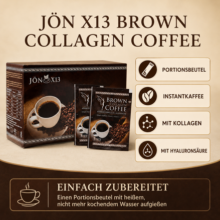 Jön X13 Brown Collagen Coffee – Infografik mit Produktinformationen und Zubereitung