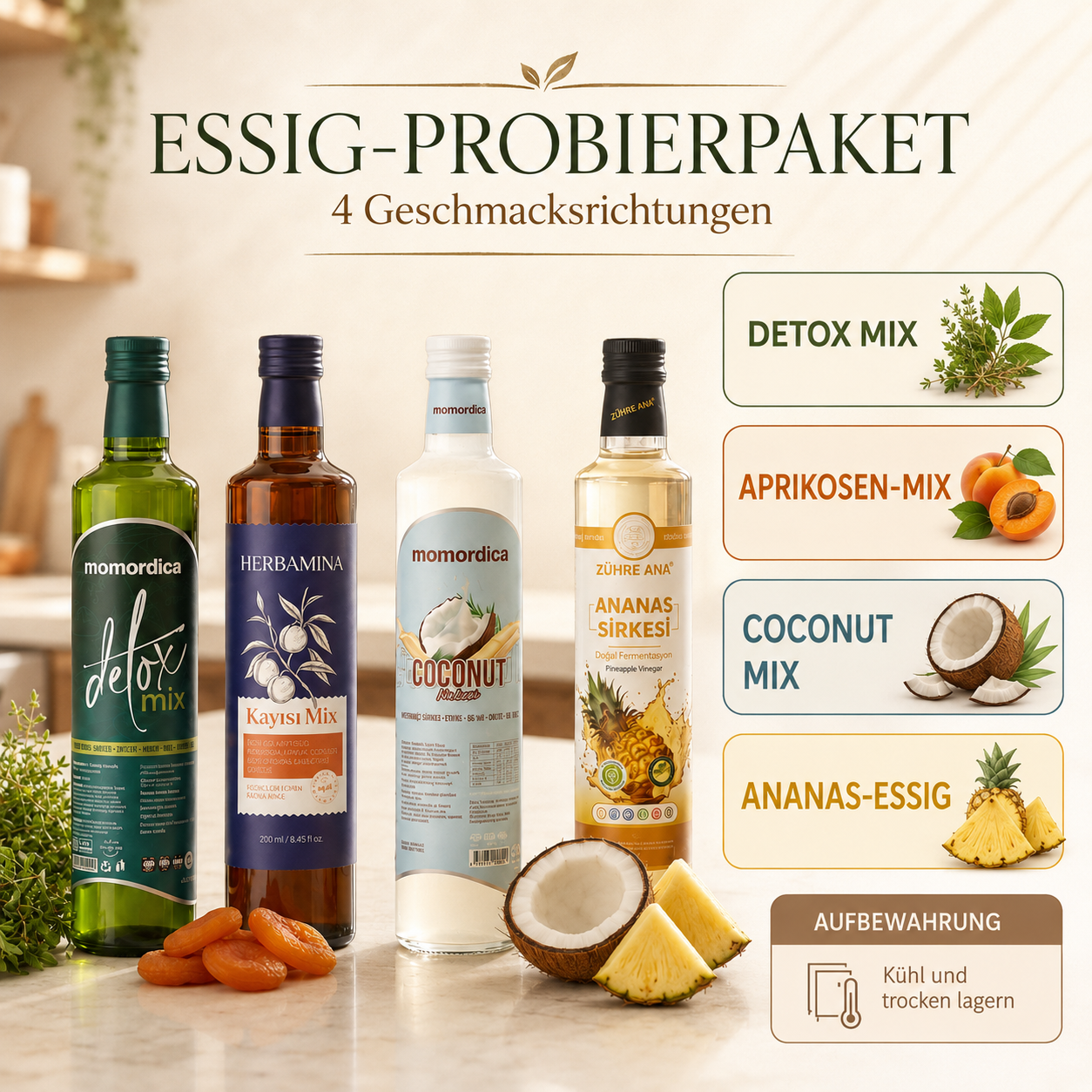 SlimVera Essig-Probierpaket – Infografik mit vier Geschmacksrichtungen