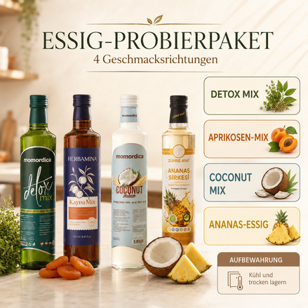 SlimVera Essig-Probierpaket – Infografik mit vier Geschmacksrichtungen