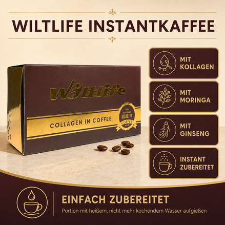 Wiltlife Instantkaffee – Infografik mit Produktinformationen und Zubereitung
